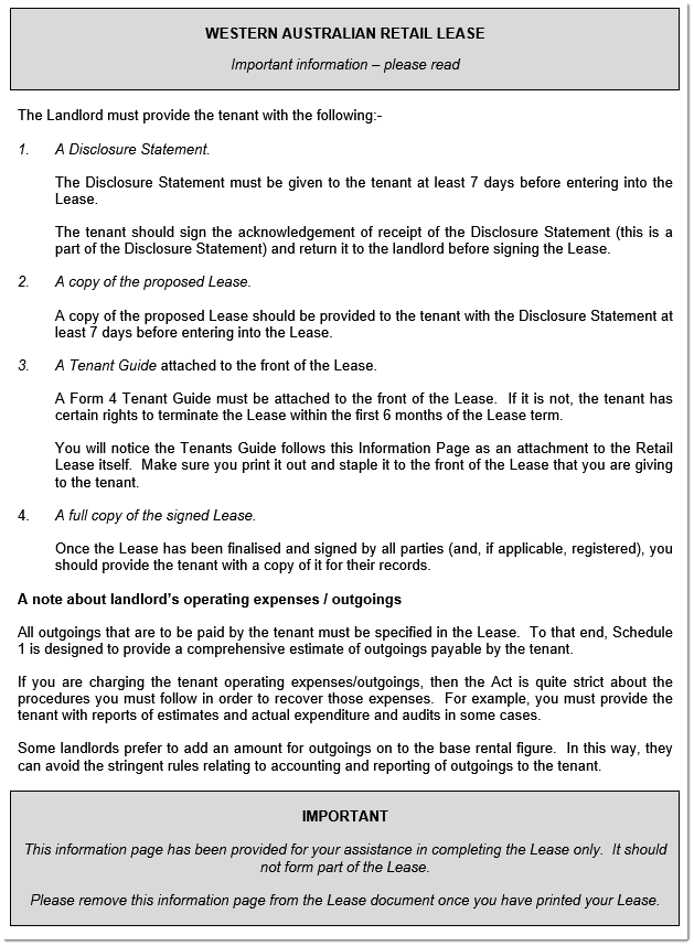 WA retail lease agreement sample page 1